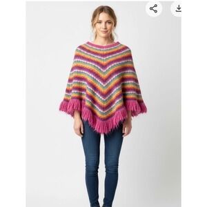 Peruvian Trading Co Rainbow Chevron Chunky Acrylic Poncho Fringe Boho Festival